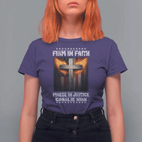 Firm In Faith Fierce In Justice Charlie Kirk T Shirt For Women Christian Cross American Flag - Wonder Print Shop