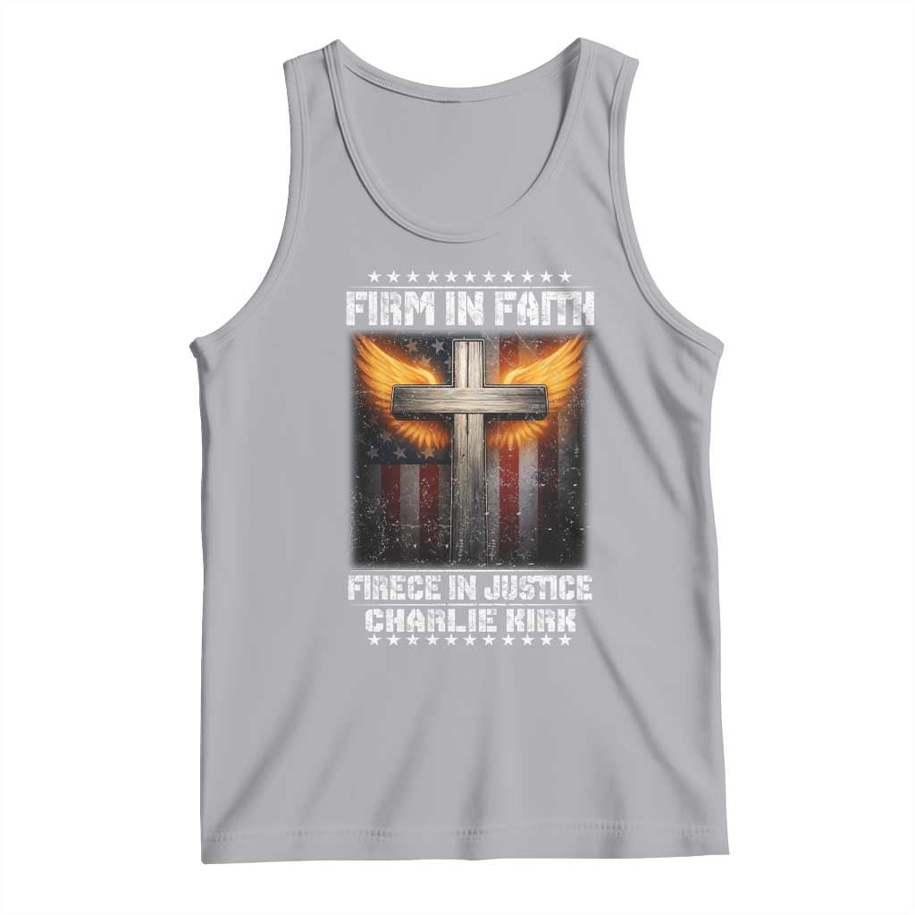 Firm In Faith Fierce In Justice Charlie Kirk Tank Top Christian Cross American Flag - Wonder Print Shop