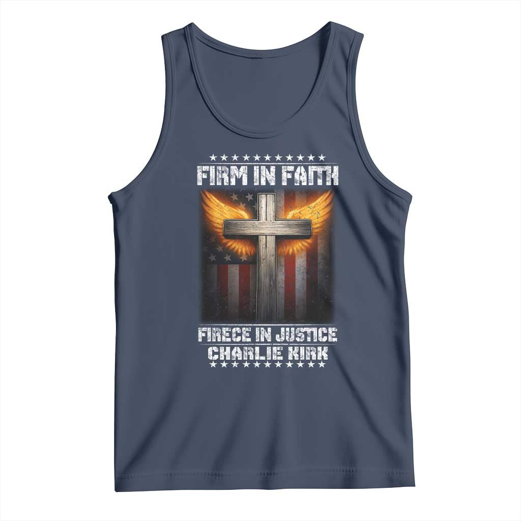 Firm In Faith Fierce In Justice Charlie Kirk Tank Top Christian Cross American Flag - Wonder Print Shop