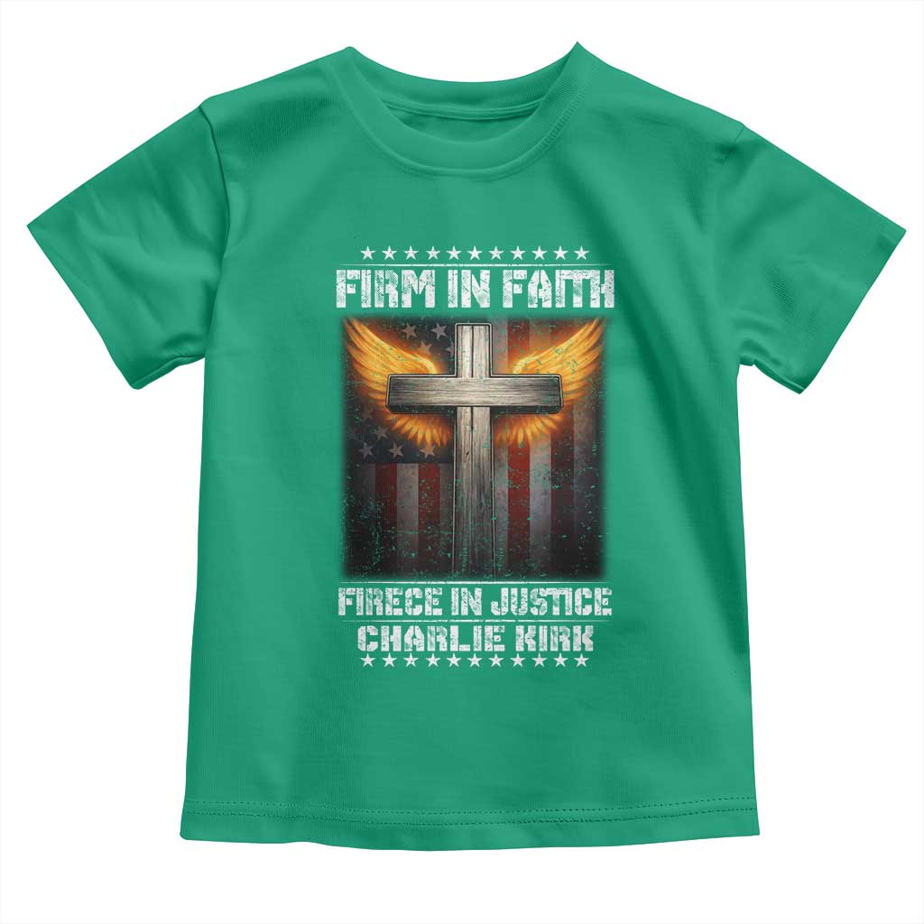 Firm In Faith Fierce In Justice Charlie Kirk Toddler T Shirt Christian Cross American Flag - Wonder Print Shop