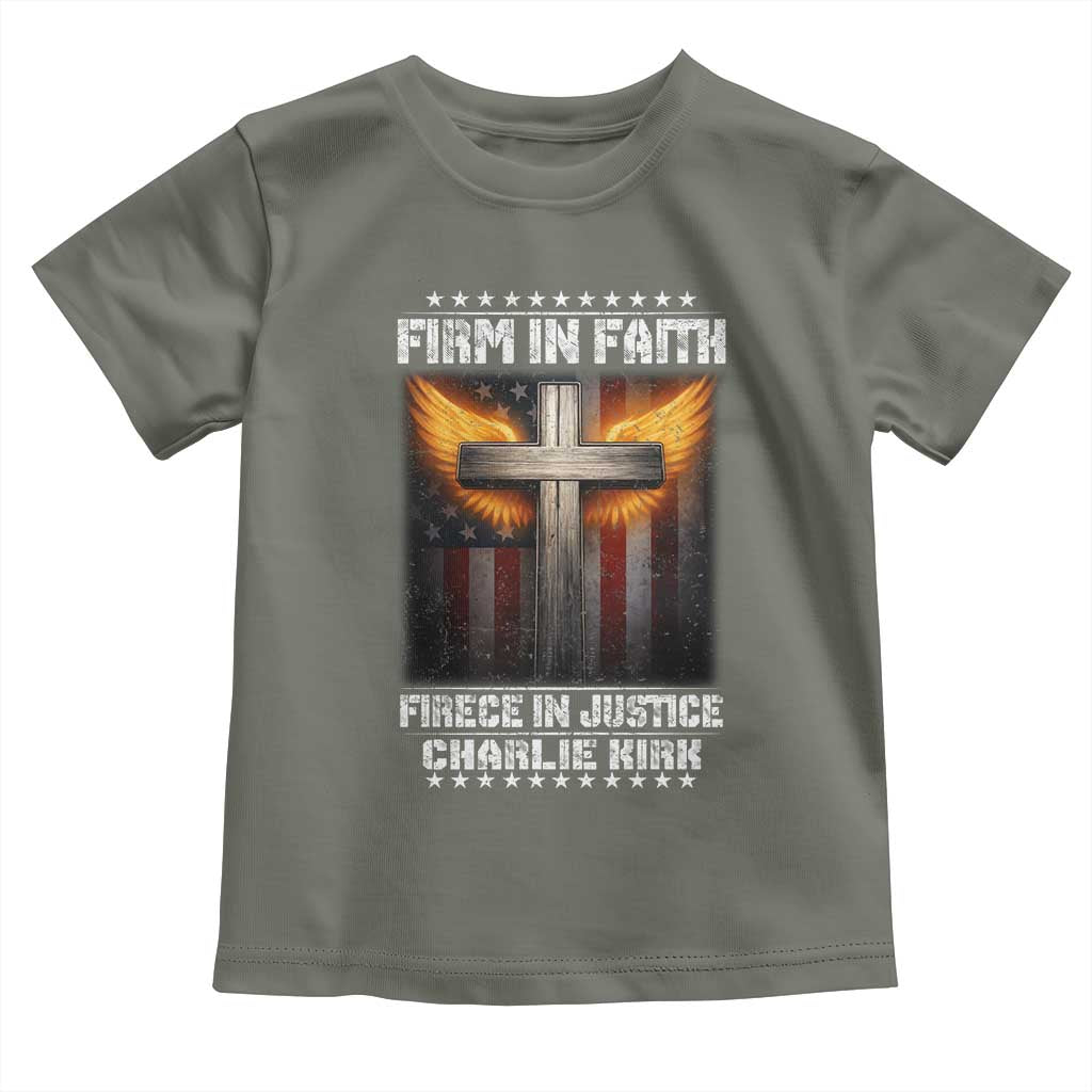 Firm In Faith Fierce In Justice Charlie Kirk Toddler T Shirt Christian Cross American Flag - Wonder Print Shop