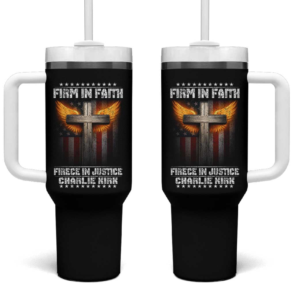 Firm In Faith Fierce In Justice Charlie Kirk Tumbler With Handle Christian Cross American Flag - Wonder Print Shop