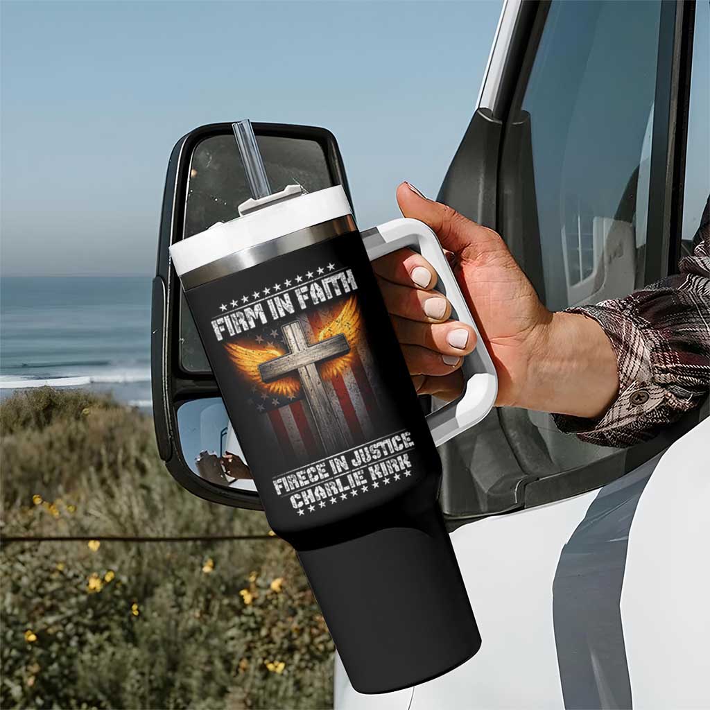 Firm In Faith Fierce In Justice Charlie Kirk Tumbler With Handle Christian Cross American Flag - Wonder Print Shop