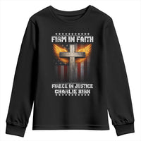 Firm In Faith Fierce In Justice Charlie Kirk Youth Sweatshirt Christian Cross American Flag - Wonder Print Shop
