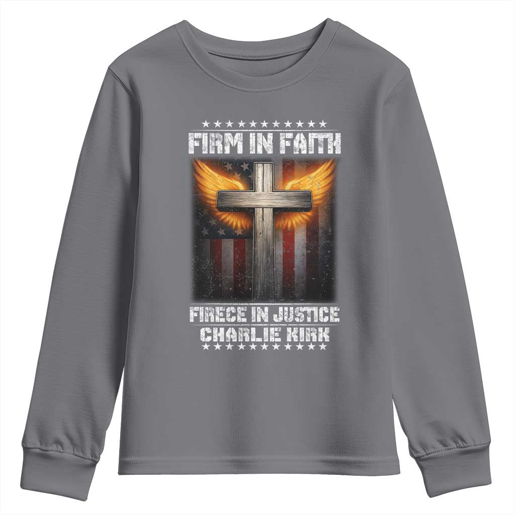 Firm In Faith Fierce In Justice Charlie Kirk Youth Sweatshirt Christian Cross American Flag - Wonder Print Shop