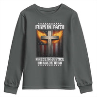 Firm In Faith Fierce In Justice Charlie Kirk Youth Sweatshirt Christian Cross American Flag - Wonder Print Shop