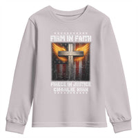 Firm In Faith Fierce In Justice Charlie Kirk Youth Sweatshirt Christian Cross American Flag - Wonder Print Shop
