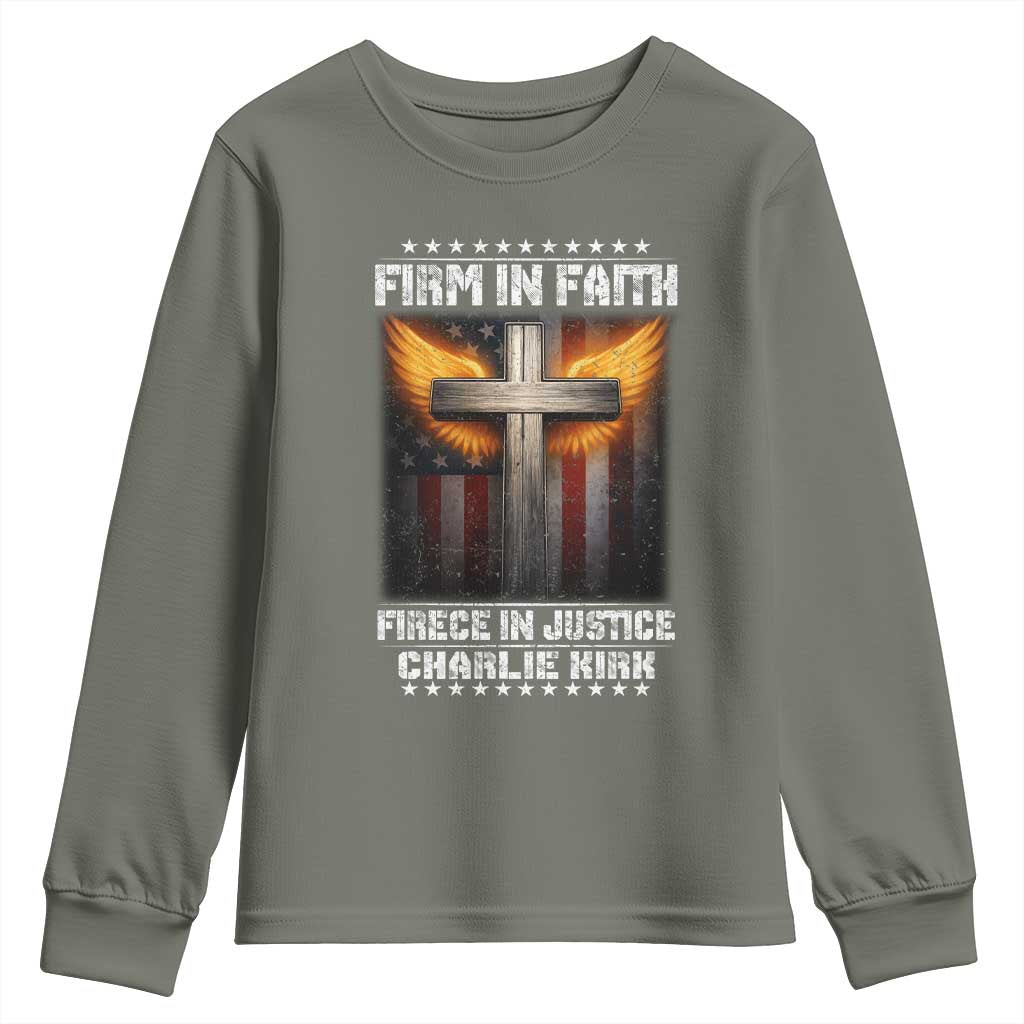 Firm In Faith Fierce In Justice Charlie Kirk Youth Sweatshirt Christian Cross American Flag - Wonder Print Shop