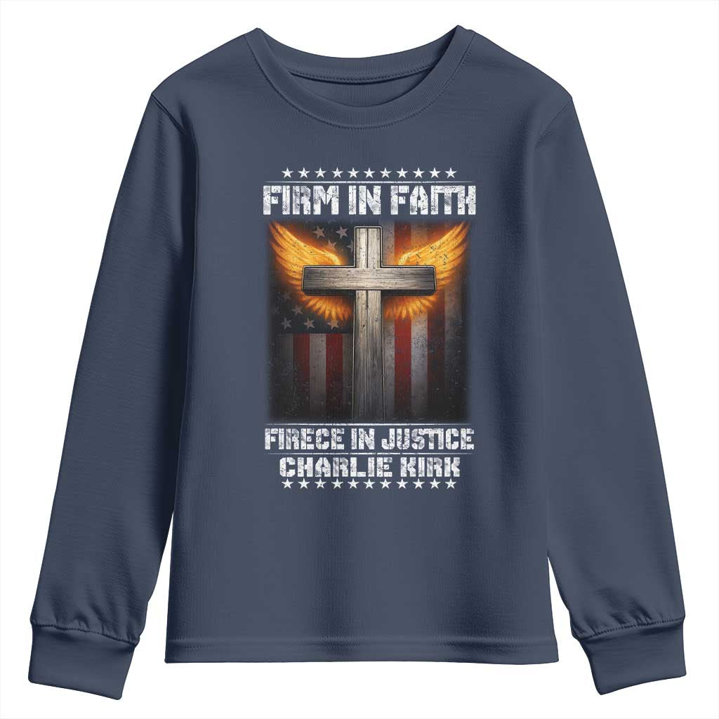 Firm In Faith Fierce In Justice Charlie Kirk Youth Sweatshirt Christian Cross American Flag - Wonder Print Shop