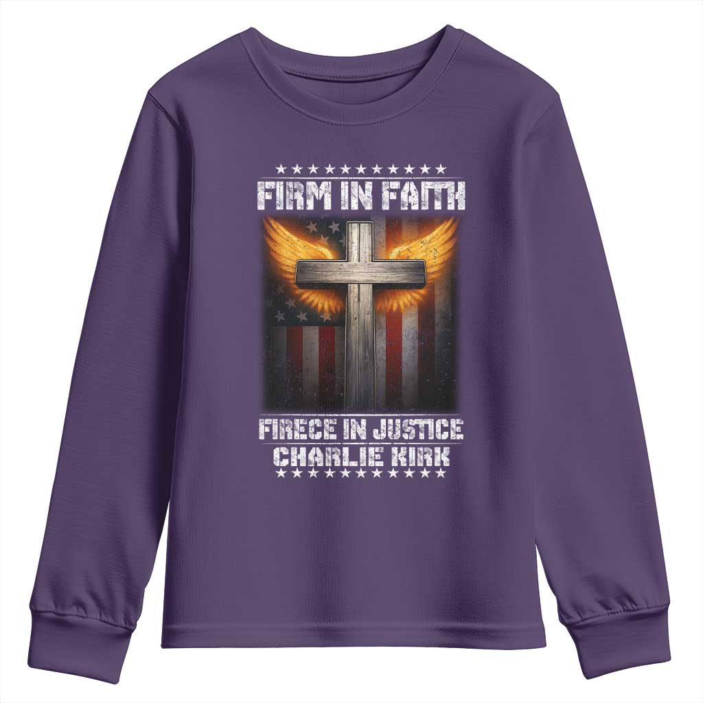 Firm In Faith Fierce In Justice Charlie Kirk Youth Sweatshirt Christian Cross American Flag - Wonder Print Shop