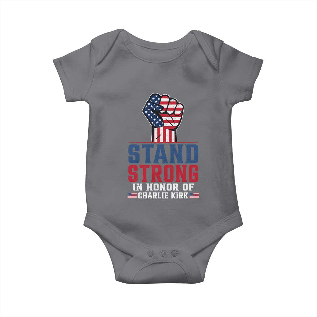 Stand Strong In Honor Of Charlie Kirk Baby Onesie Handfist American Flag - Wonder Print Shop