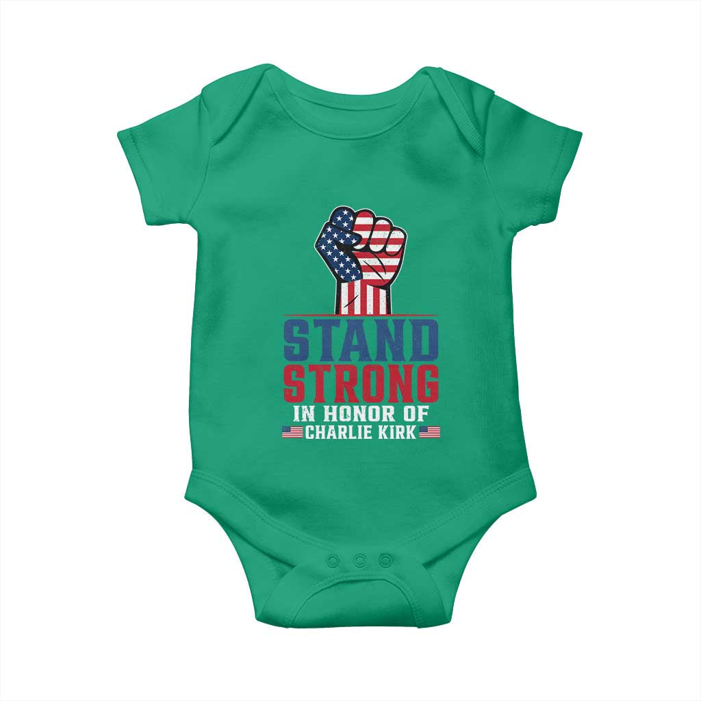 Stand Strong In Honor Of Charlie Kirk Baby Onesie Handfist American Flag - Wonder Print Shop