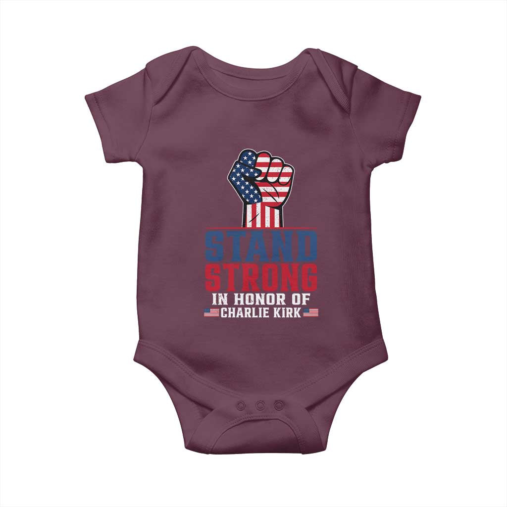 Stand Strong In Honor Of Charlie Kirk Baby Onesie Handfist American Flag - Wonder Print Shop