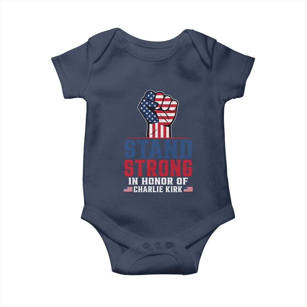 Stand Strong In Honor Of Charlie Kirk Baby Onesie Handfist American Flag - Wonder Print Shop