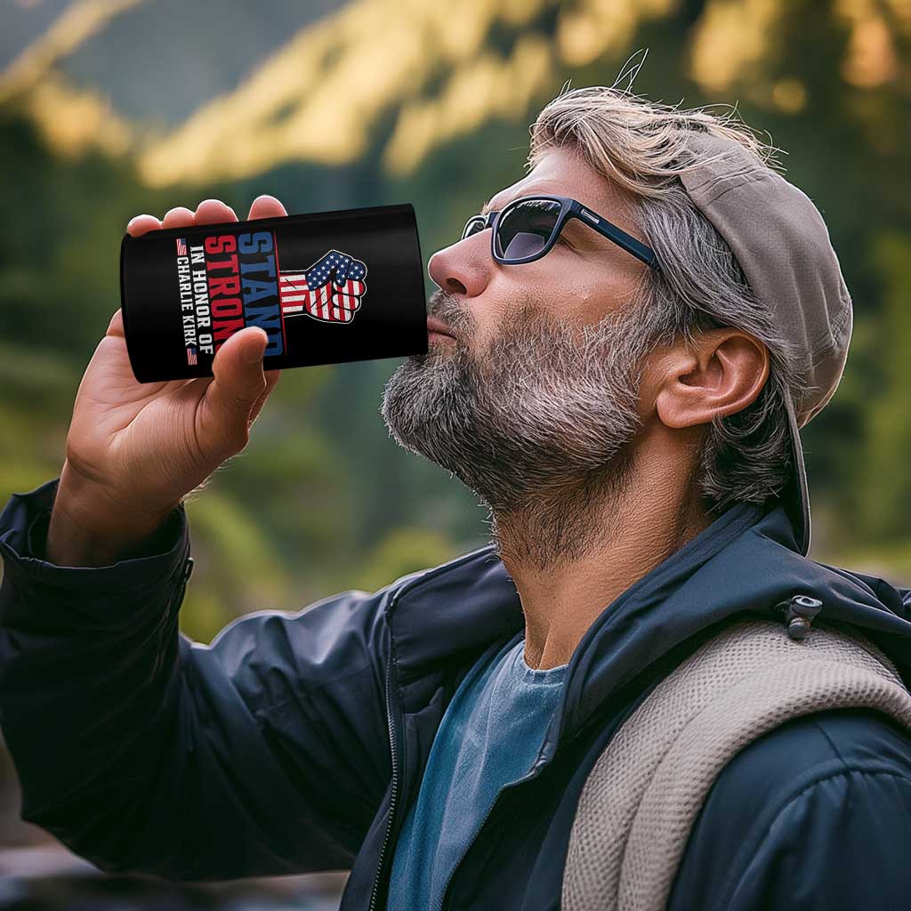 Stand Strong In Honor Of Charlie Kirk 4 in 1 Can Cooler Tumbler Handfist American Flag - Wonder Print Shop