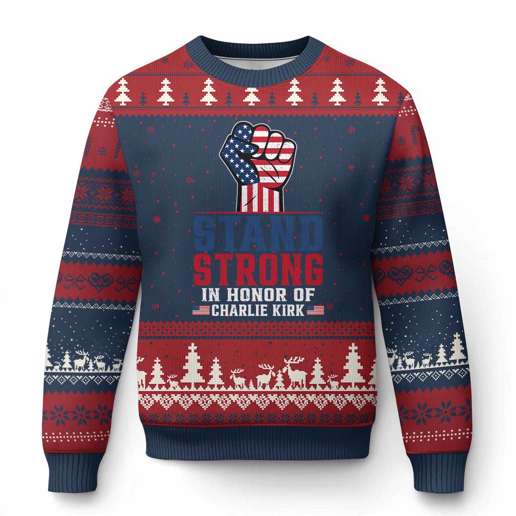 Stand Strong In Honor Of Charlie Kirk Ugly Christmas Sweater Handfist American Flag - Wonder Print Shop
