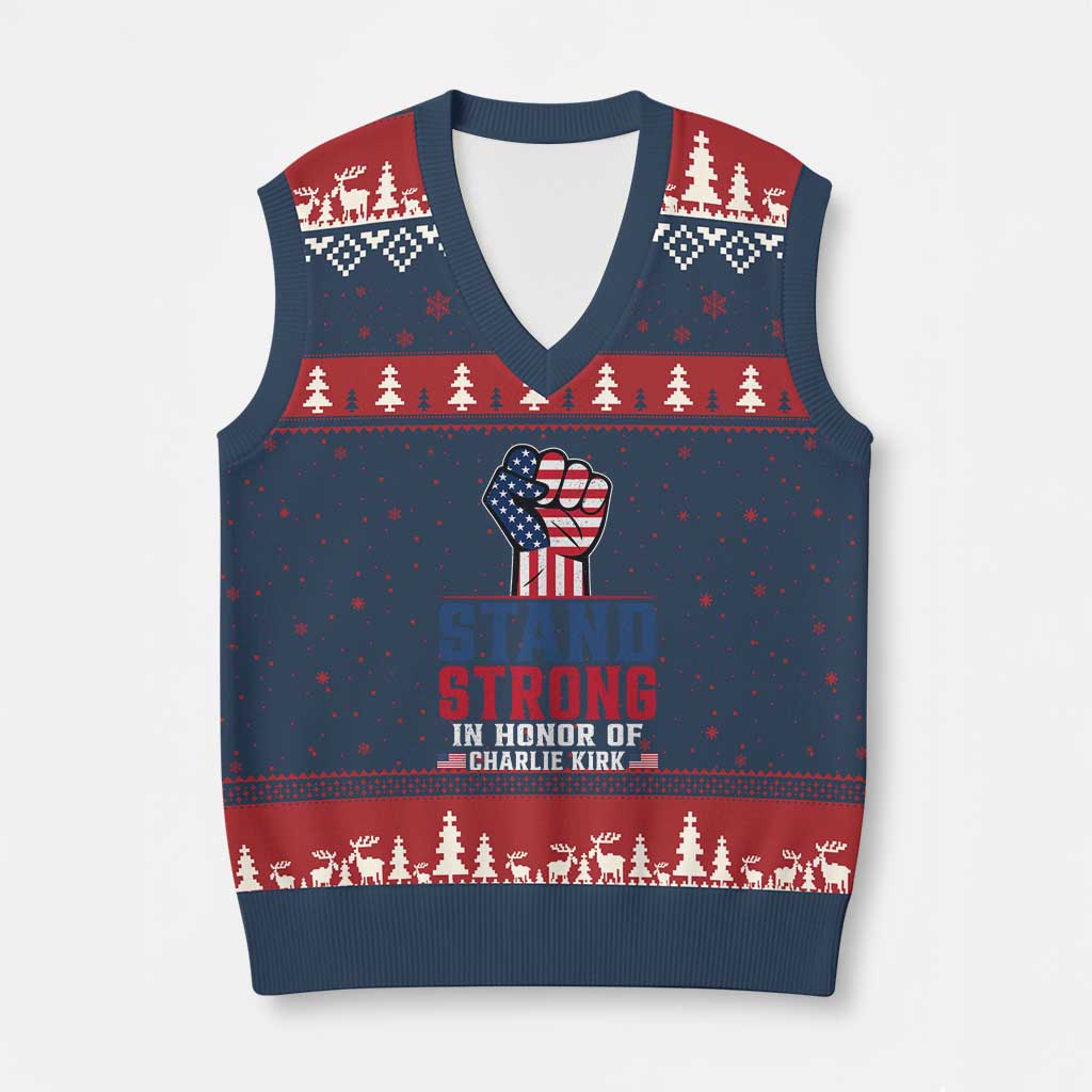 Stand Strong In Honor Of Charlie Kirk V-Neck Knit Sweater Vest Handfist American Flag - Wonder Print Shop