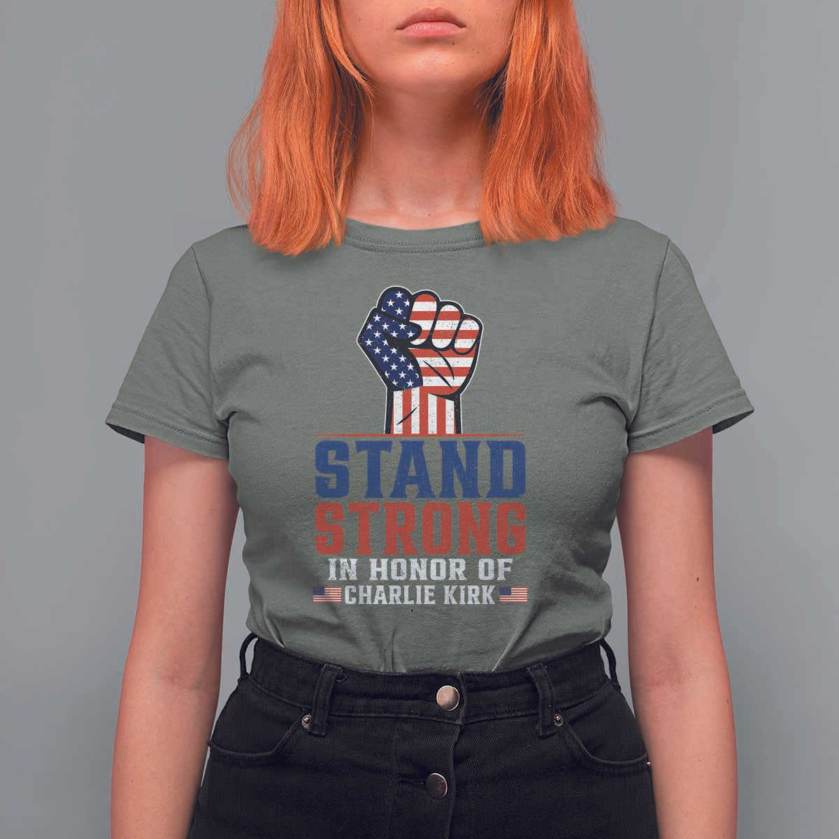 Stand Strong In Honor Of Charlie Kirk T Shirt For Women Handfist American Flag - Wonder Print Shop