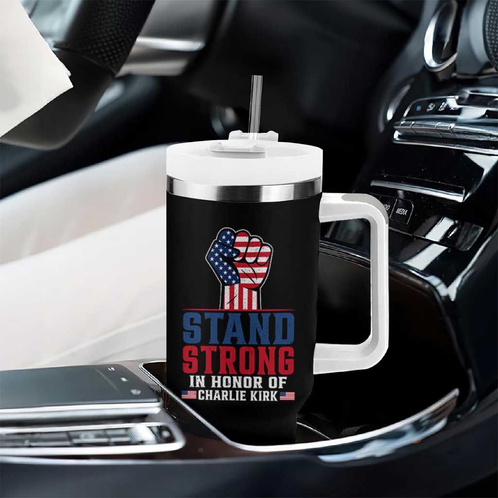 Stand Strong In Honor Of Charlie Kirk Tumbler With Handle Handfist American Flag - Wonder Print Shop