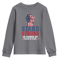 Stand Strong In Honor Of Charlie Kirk Youth Sweatshirt Handfist American Flag - Wonder Print Shop
