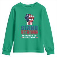 Stand Strong In Honor Of Charlie Kirk Youth Sweatshirt Handfist American Flag - Wonder Print Shop