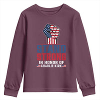 Stand Strong In Honor Of Charlie Kirk Youth Sweatshirt Handfist American Flag - Wonder Print Shop