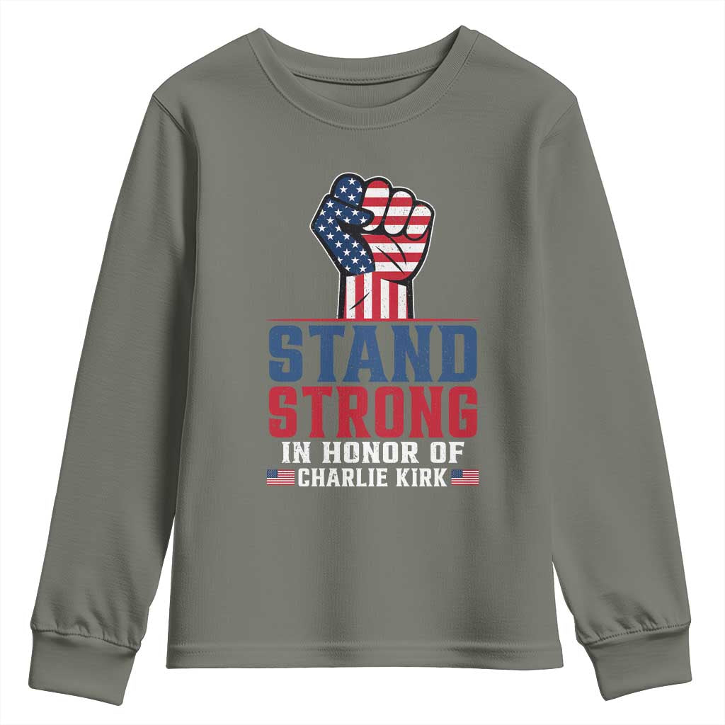 Stand Strong In Honor Of Charlie Kirk Youth Sweatshirt Handfist American Flag - Wonder Print Shop