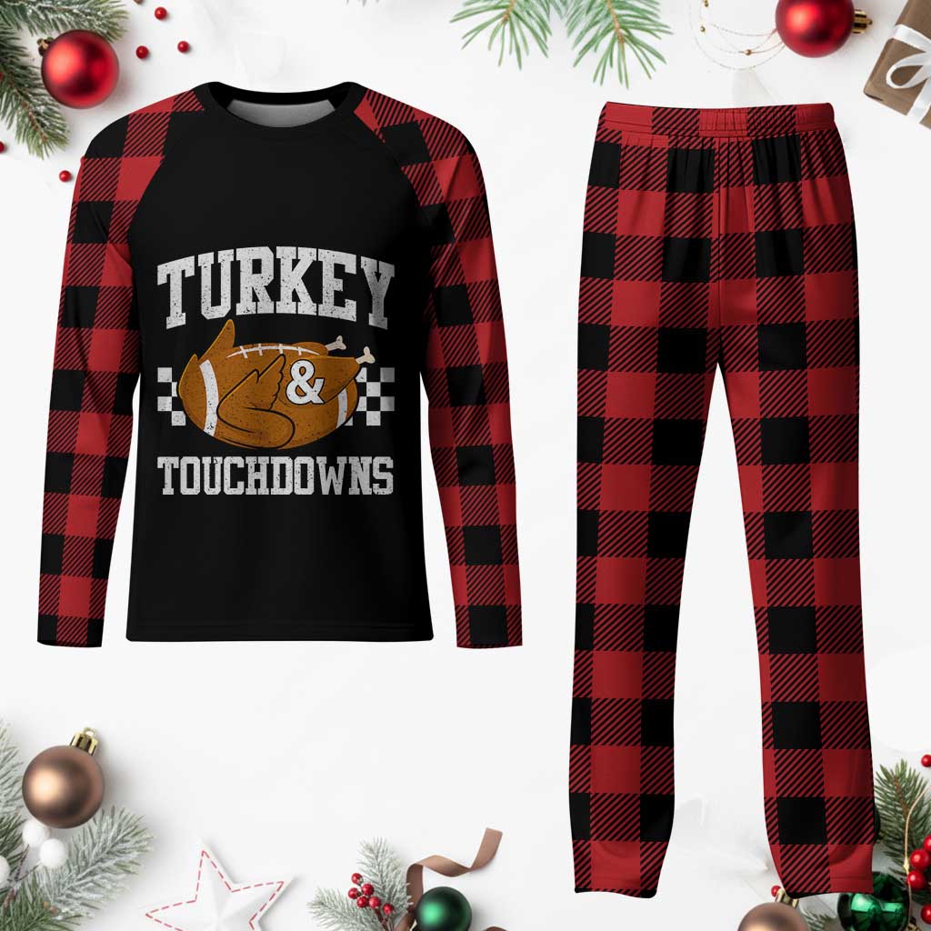 Funny Turkey And Touchdowns Plaid Pajama Set Thanksgiving American Football - Wonder Print Shop