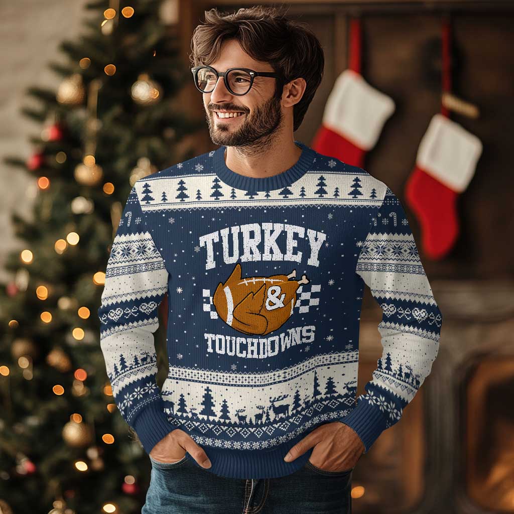 Funny Turkey And Touchdowns Ugly Christmas Sweater Thanksgiving American Football - Wonder Print Shop