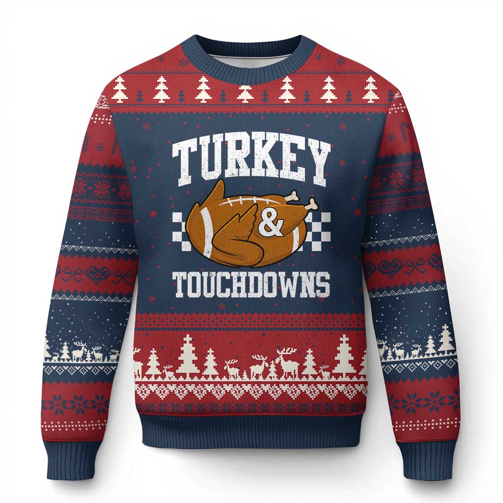 Funny Turkey And Touchdowns Ugly Christmas Sweater Thanksgiving American Football - Wonder Print Shop