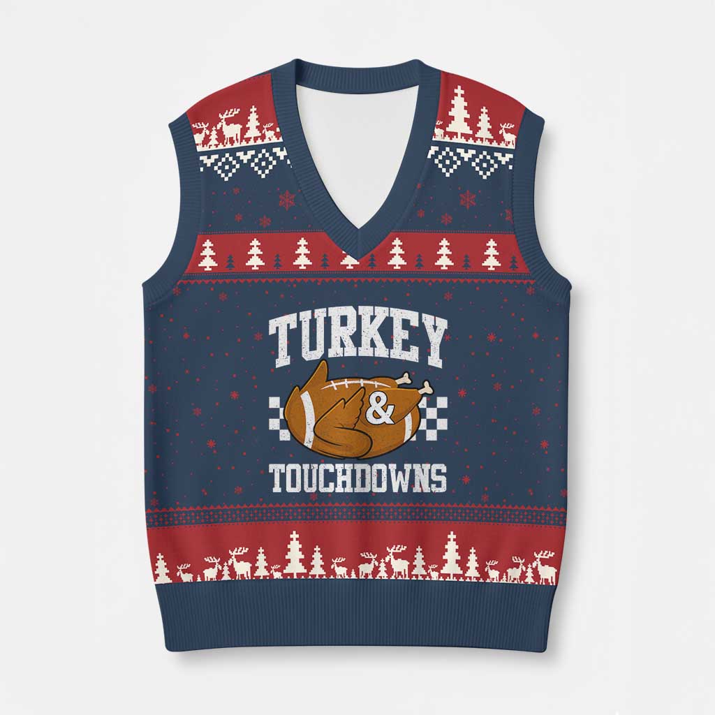 Funny Turkey And Touchdowns V-Neck Knit Sweater Vest Thanksgiving American Football - Wonder Print Shop