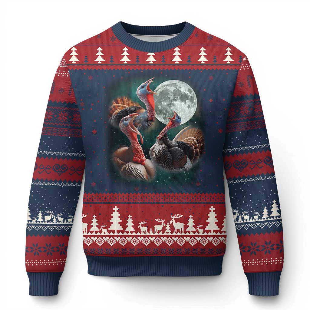 Funny Three Turkey Moon Ugly Christmas Sweater Weird Cursed Thanksgiving Meme - Wonder Print Shop