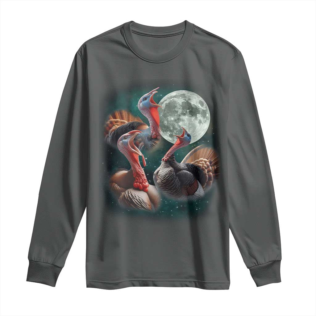 Funny Three Turkey Moon Long Sleeve Shirt Weird Cursed Thanksgiving Meme - Wonder Print Shop