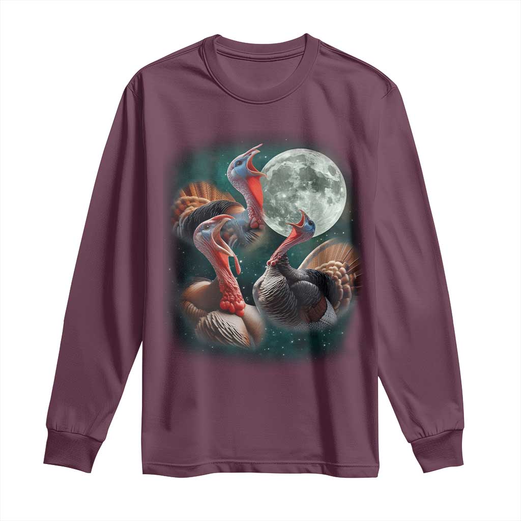 Funny Three Turkey Moon Long Sleeve Shirt Weird Cursed Thanksgiving Meme - Wonder Print Shop