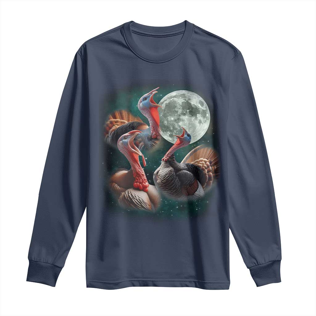 Funny Three Turkey Moon Long Sleeve Shirt Weird Cursed Thanksgiving Meme - Wonder Print Shop