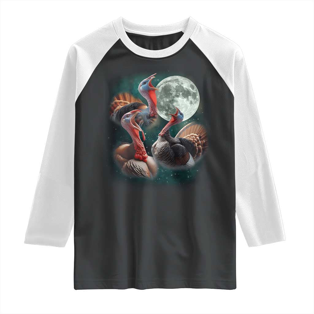 Funny Three Turkey Moon Raglan Shirt Weird Cursed Thanksgiving Meme - Wonder Print Shop