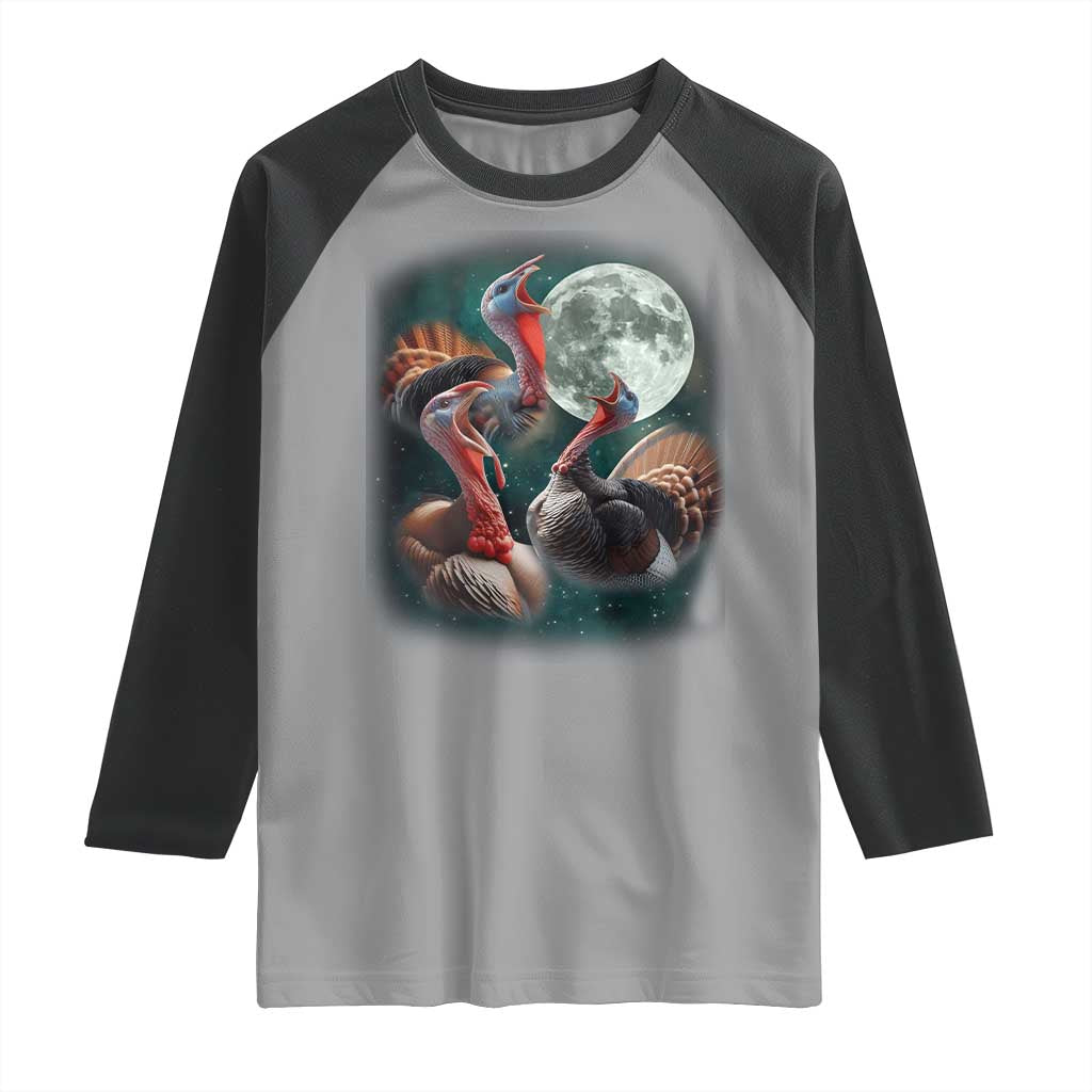 Funny Three Turkey Moon Raglan Shirt Weird Cursed Thanksgiving Meme - Wonder Print Shop