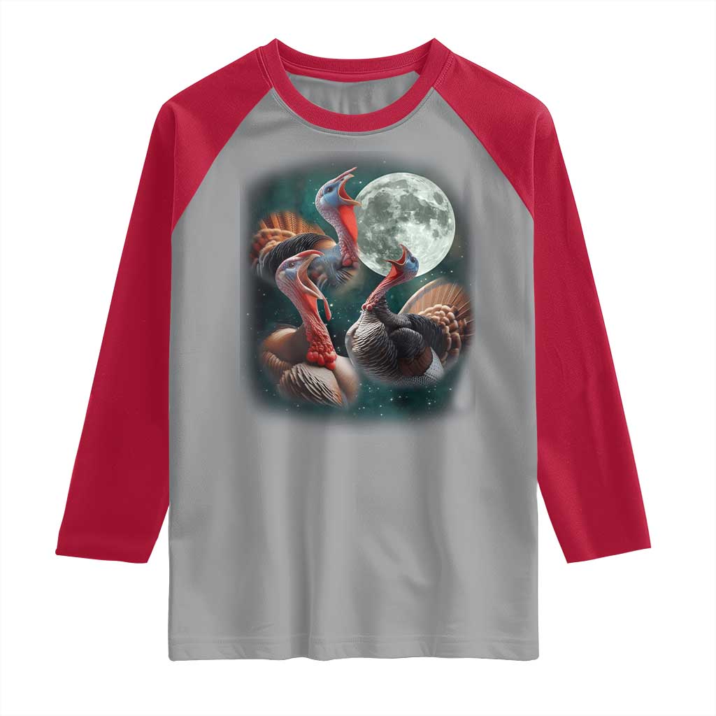 Funny Three Turkey Moon Raglan Shirt Weird Cursed Thanksgiving Meme - Wonder Print Shop