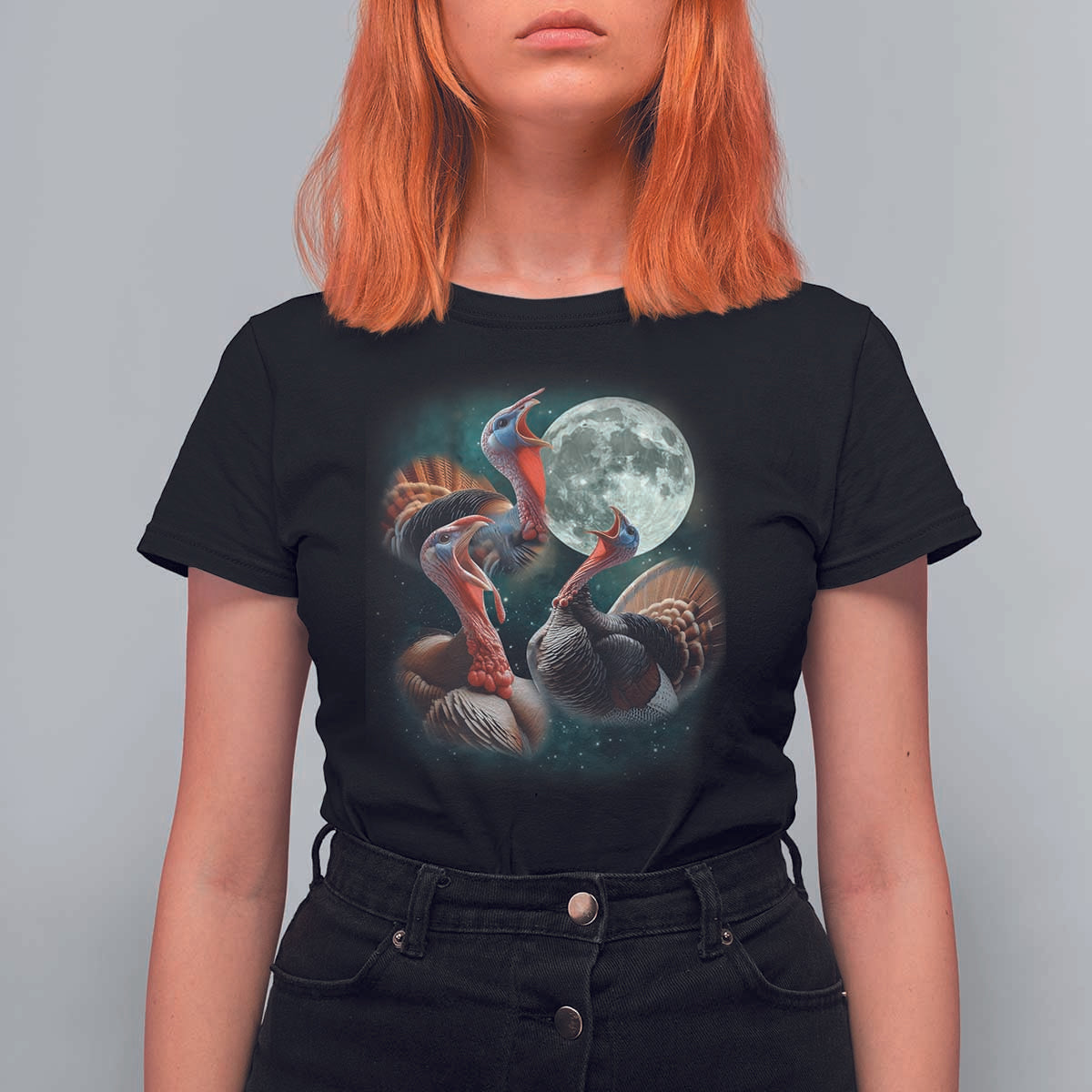 Funny Three Turkey Moon T Shirt For Women Weird Cursed Thanksgiving Meme - Wonder Print Shop