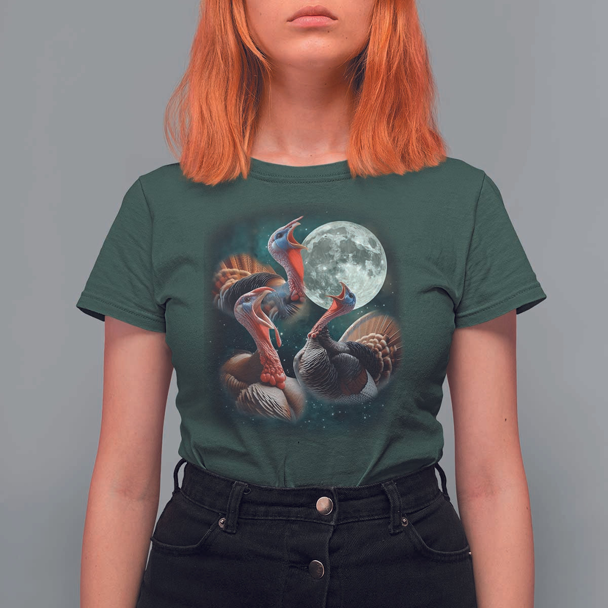 Funny Three Turkey Moon T Shirt For Women Weird Cursed Thanksgiving Meme - Wonder Print Shop