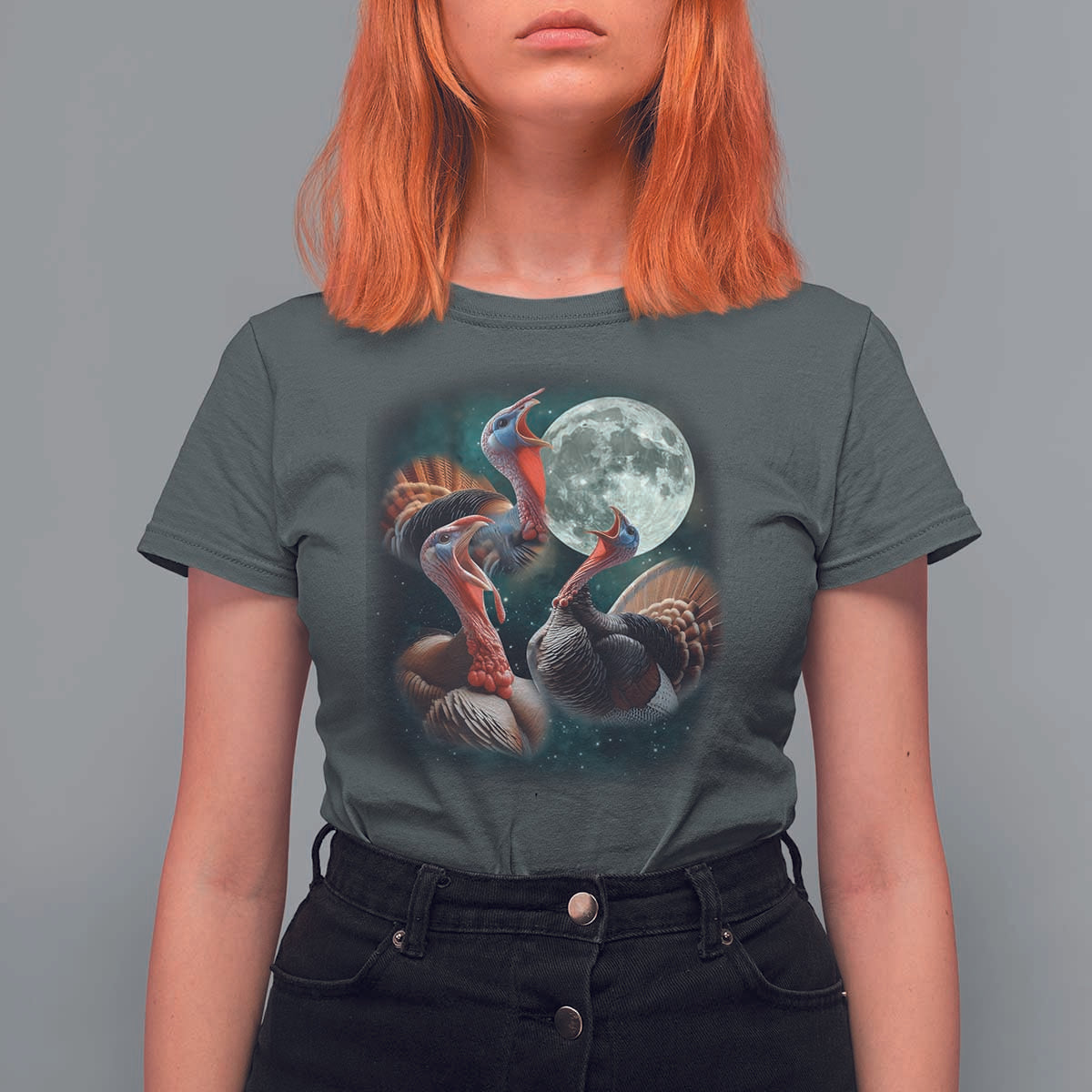 Funny Three Turkey Moon T Shirt For Women Weird Cursed Thanksgiving Meme - Wonder Print Shop