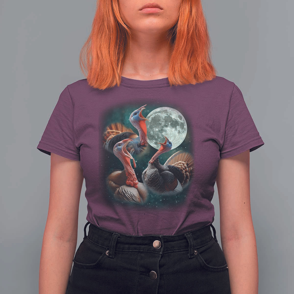 Funny Three Turkey Moon T Shirt For Women Weird Cursed Thanksgiving Meme - Wonder Print Shop