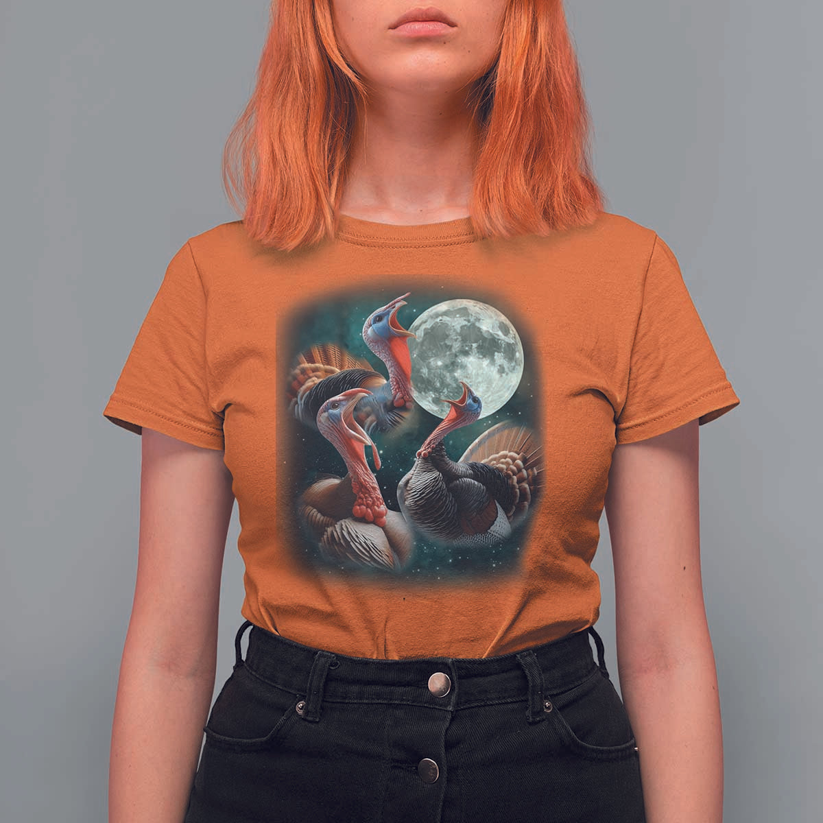 Funny Three Turkey Moon T Shirt For Women Weird Cursed Thanksgiving Meme - Wonder Print Shop