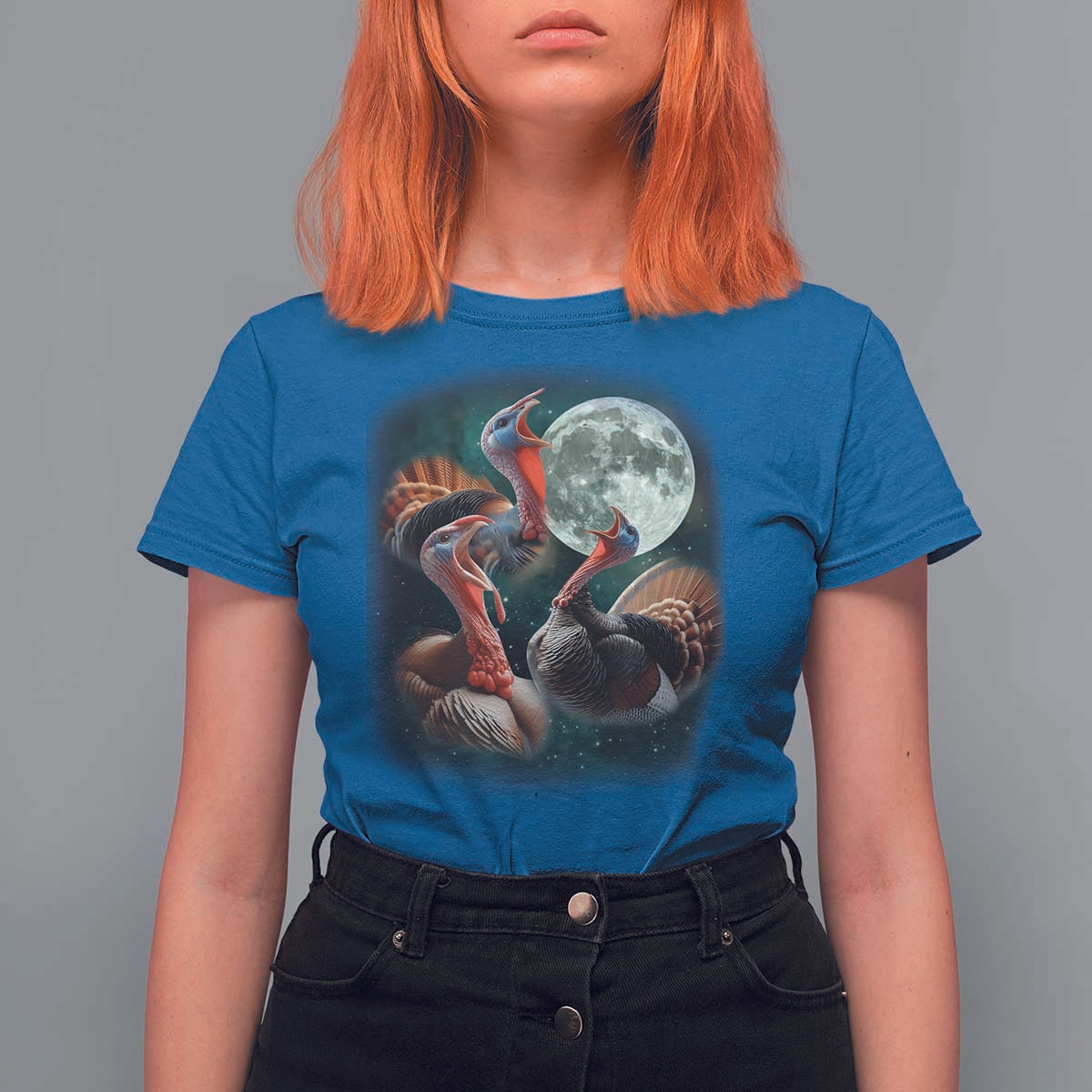 Funny Three Turkey Moon T Shirt For Women Weird Cursed Thanksgiving Meme - Wonder Print Shop