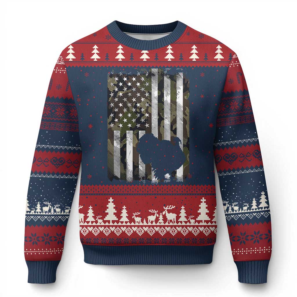 Turkey Hunting Camo US American Flag Thanksgiving Ugly Christmas Sweater - Wonder Print Shop