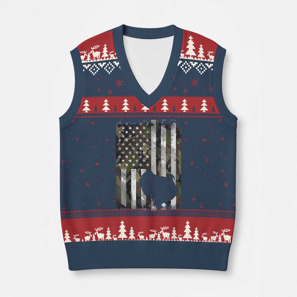 Turkey Hunting Camo US American Flag Thanksgiving V-Neck Knit Sweater Vest - Wonder Print Shop
