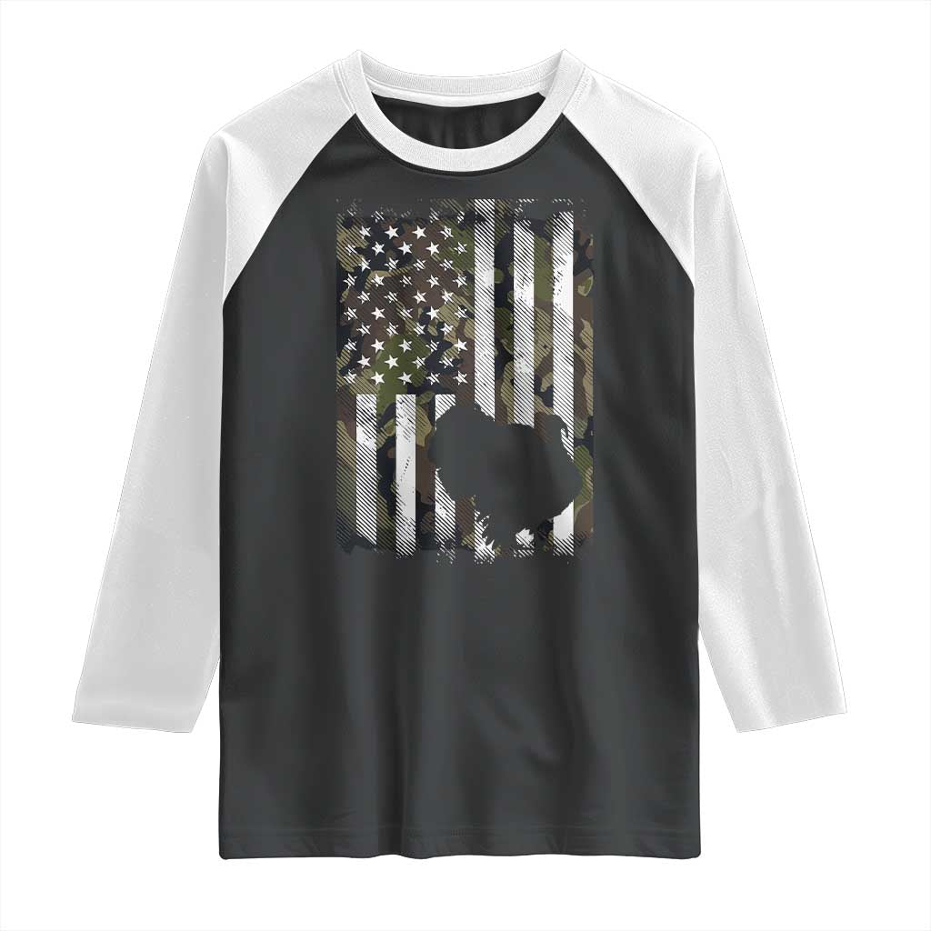 Turkey Hunting Camo US American Flag Thanksgiving Raglan Shirt - Wonder Print Shop