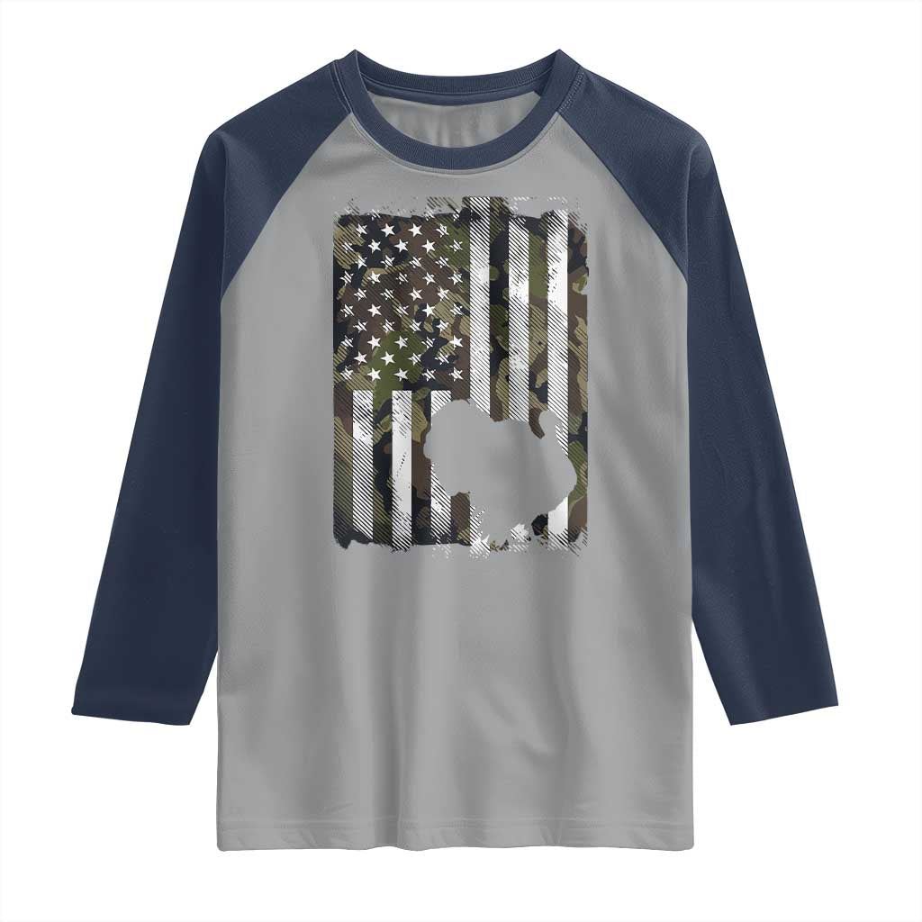 Turkey Hunting Camo US American Flag Thanksgiving Raglan Shirt - Wonder Print Shop