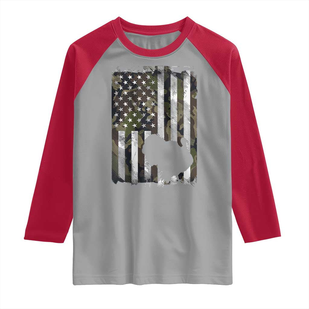 Turkey Hunting Camo US American Flag Thanksgiving Raglan Shirt - Wonder Print Shop