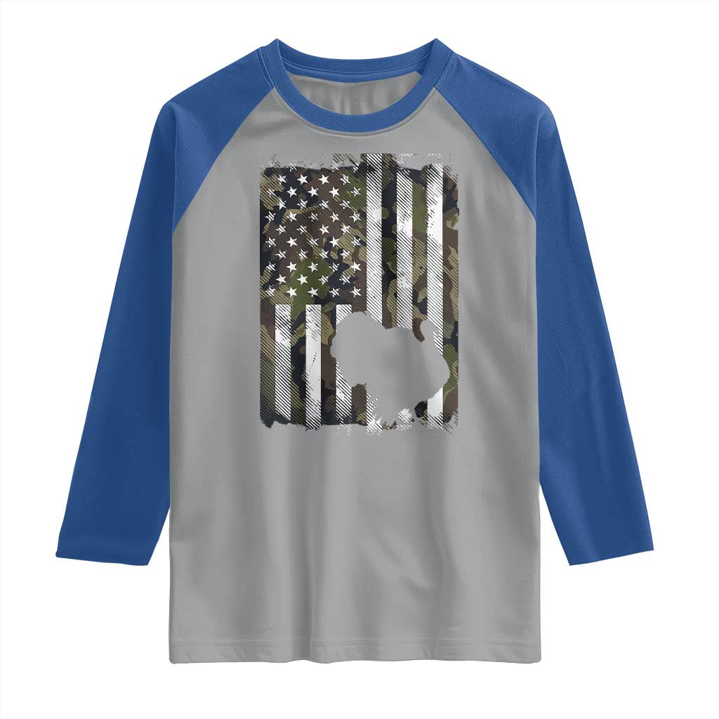 Turkey Hunting Camo US American Flag Thanksgiving Raglan Shirt - Wonder Print Shop
